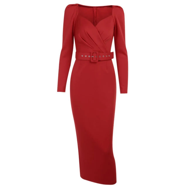 InstaHot Elegant Party Women Dress Slim V Neck Long Sleeve Mid Calf Pencil Dress 2020 Casual