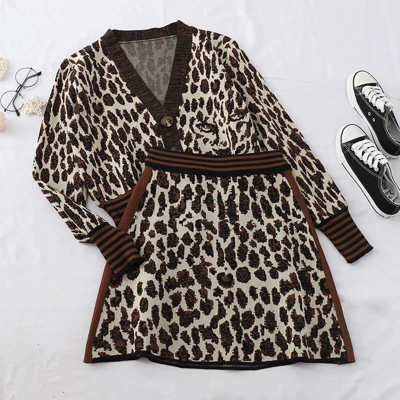 

Leopard Printed Two Piece Sets Skirt Suit Women Fall Autumn V-neck Long Sleeve Knit Cardigan Tops and Mini Skirt Outfits Female