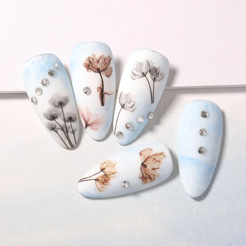 1PC 즙이 많은 식물 꽃 3D 네일 스티커 봄 꽃 잎 접착제 전송 데칼 슬라이더 DIY 네일 아트 장식