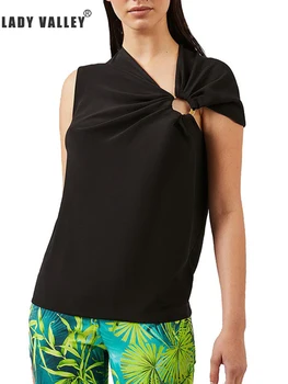 

Heavy craft metal ring buckle decoration pleated zou irregular irregular sleeveless T-shirt ladies summer new personality wild