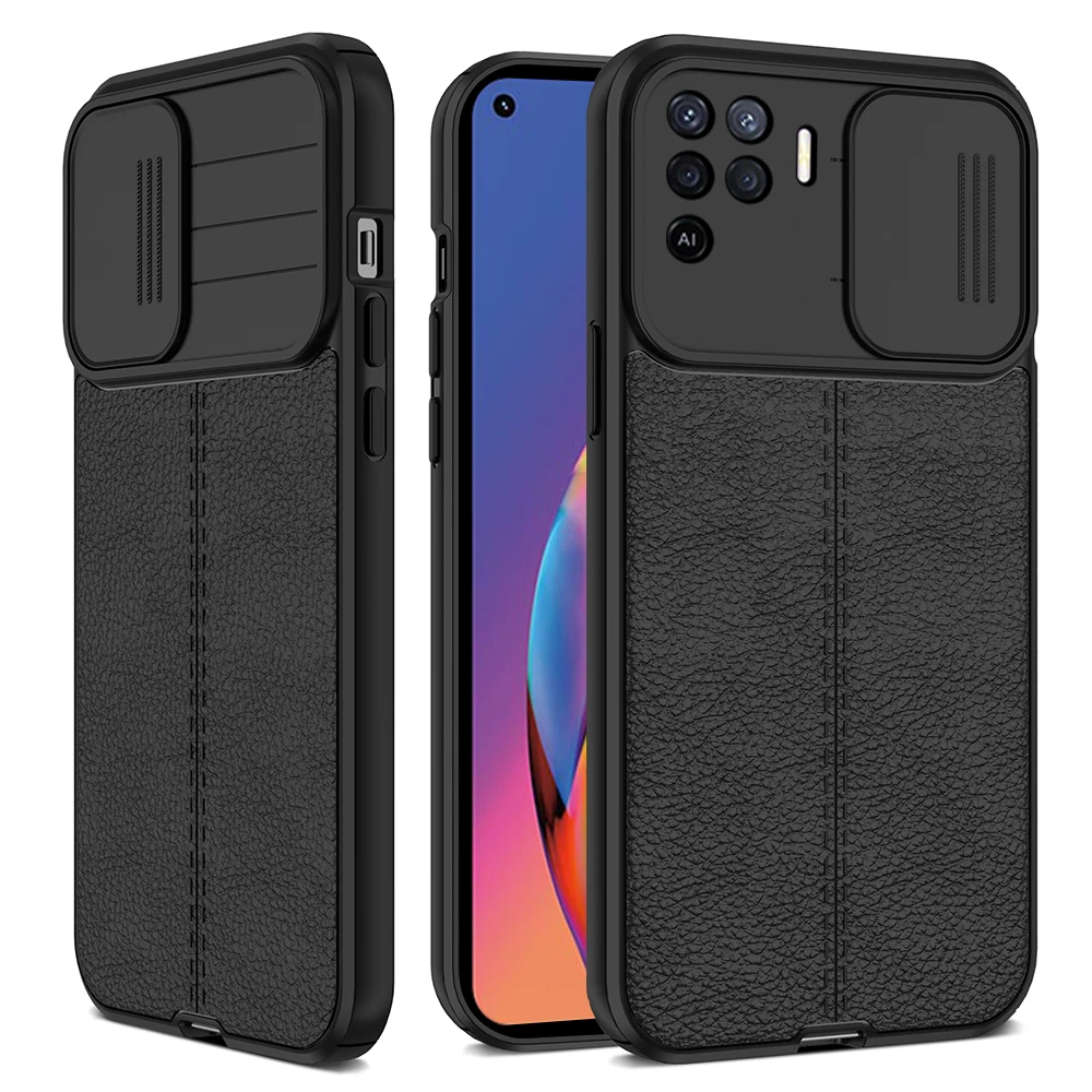 Push Pull Slide Camera Lens Protector Leather Phone Case For OPPO Reno 5 Lite 5 5F A94 A74 A54 A93 A53 A53S A72 A92 A52 F19 Pro 