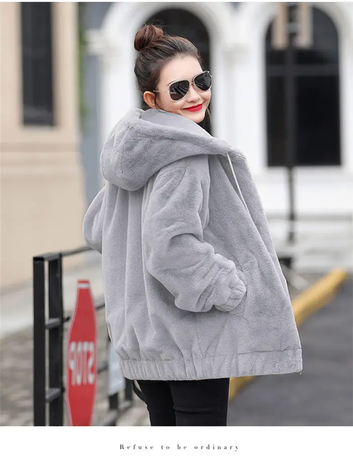 Faux Rex Rabbit Fur Coat Female Winter New Long Sleeve Korean Loose Plush Thick Hoodies Sweatshirt Jacket For Women f2084