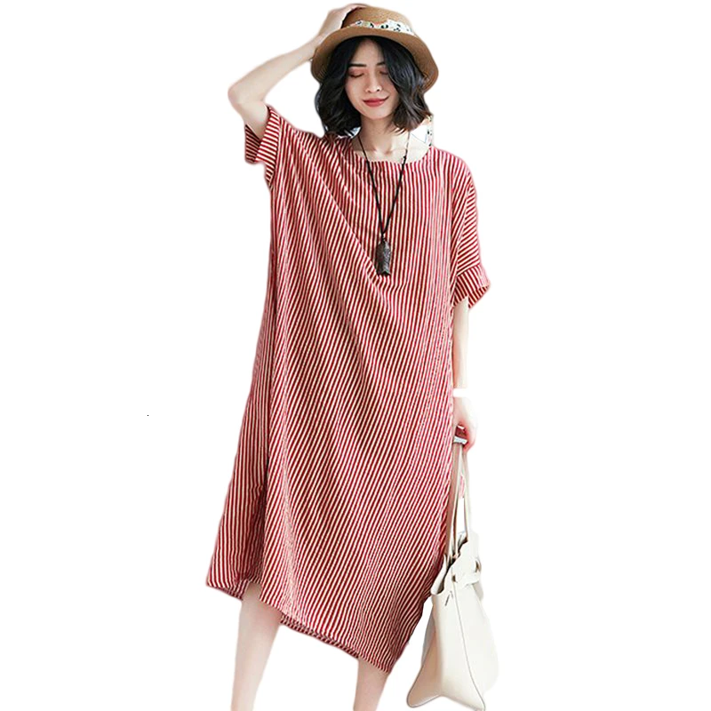 

Plus Size Women Summer Loose Dress European Cotton Casual Style Striped Short Sleeve Casual Long Dresses LJ1000
