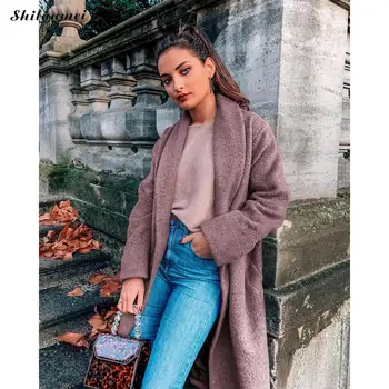 

Autumn Wool Blend Coat Fashion Long Coat Solid Color Cardigan Slim Female Overcoat Elegant Women Office Woolen Jacket Long Style