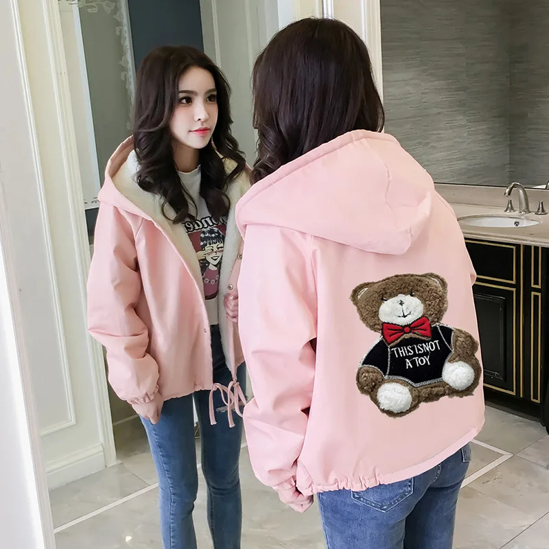 

2019 Autumn And Winter New Style Korean-style Loose And Plus-sized WOMEN'S Dress Students Mid-length plus Velvet Hooded Lambs Wo