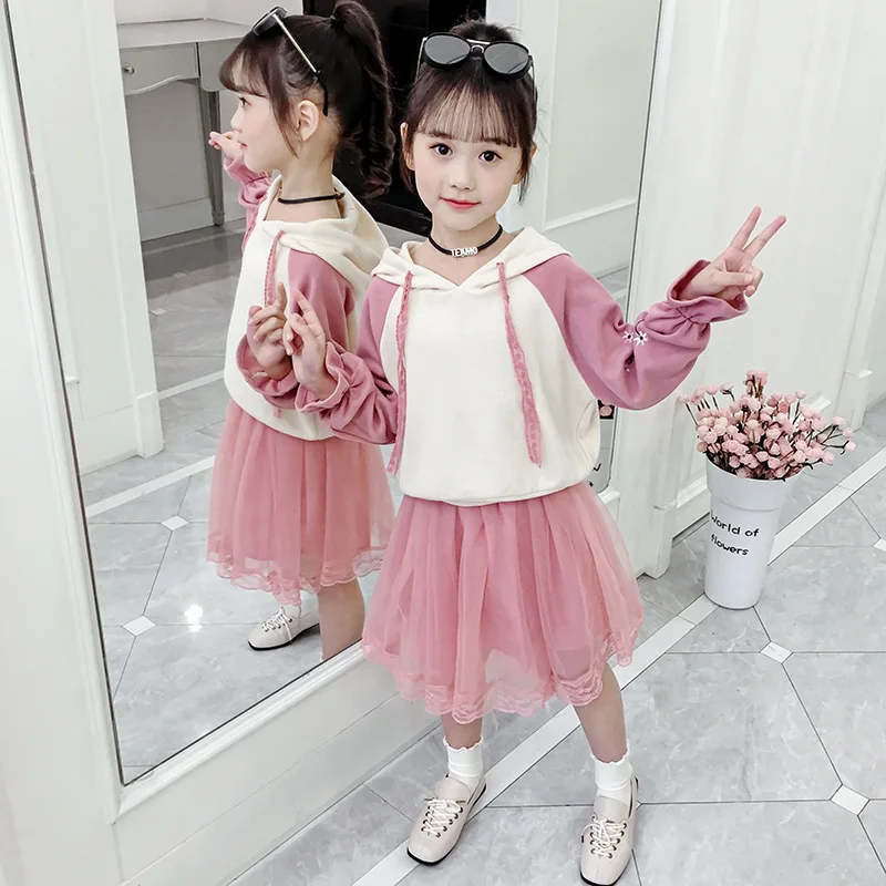 

2020 Spring And Autumn Girls Long Sleeve Hoodie + Mesh Dress Two-Piece Set Childrenswear Middle And Large Children Skirt Set