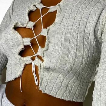 

GiDiisgad O Neck Ribbed Front Hollow Out Lace Up Long Sleeve Top Women Solid Vintage Fashion Casual Crop Top Autumn Streetwear