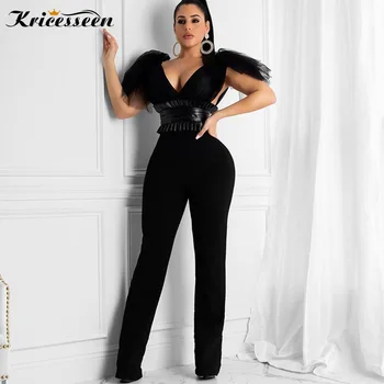 

Kricesseen Casual Trinni Black Mesh See Through Bandage Jumpsuit With PU Belts Women V Neck One Piece Rompers Outfit