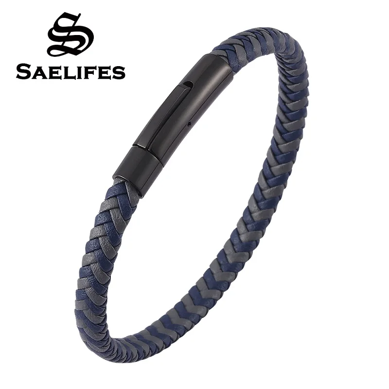 

Blue Gray Leather Mix Braided Bracelets Unisex Fashion Stainless Steel Snaps Weave Bangles Male Simple Jewelry Gifts PB0456