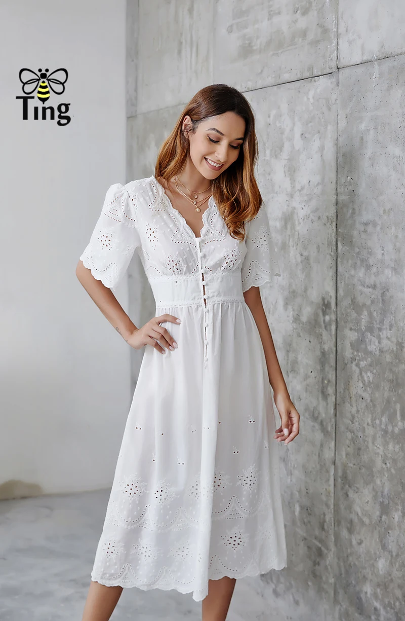 Tingfly Boho открытый однобортный V шеи белый миди повседневное платье в богемном стиле вышивка платье с вырезами леди Винтаж Vestidos puls Размер 2XL