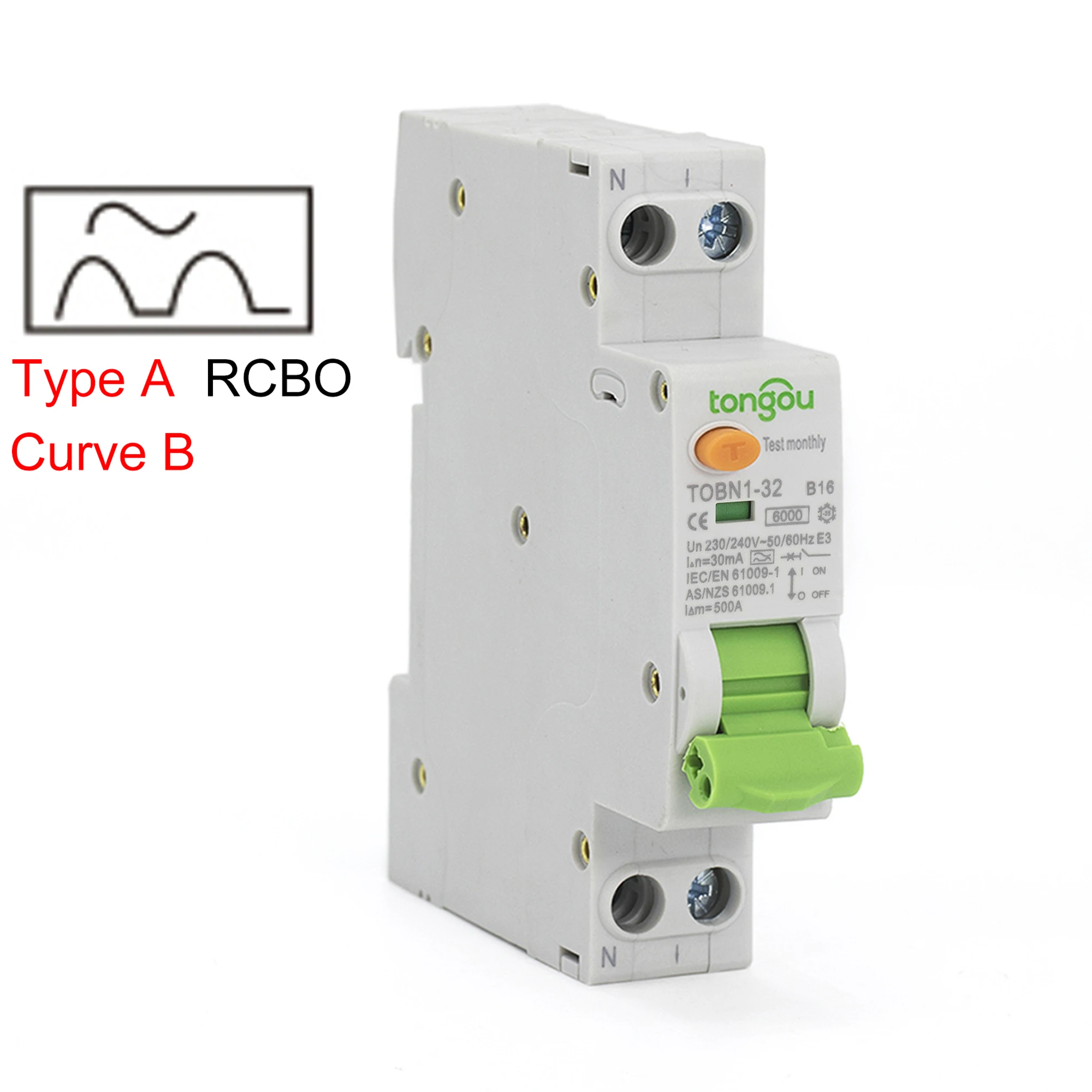 Тип A Curve B RCBO 6KA 18 мм 32A 10mA 30mA 300mA 1P N автоматический выключатель с защитой от