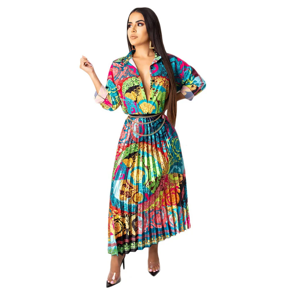 Новое Женское платье с подгонкой рисунка из двух частей рубашка с лацканами женское плиссированное платье африканская Повседневная однобортная рубашка из двух частей