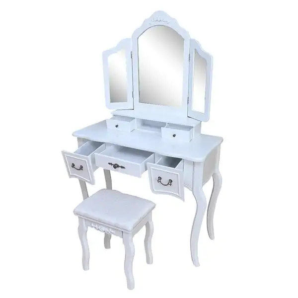 

Tri-fold Mirror Dresser with Dressing Stool White Foldable three square mirrors easy to install vanity dresser bedroom furniture