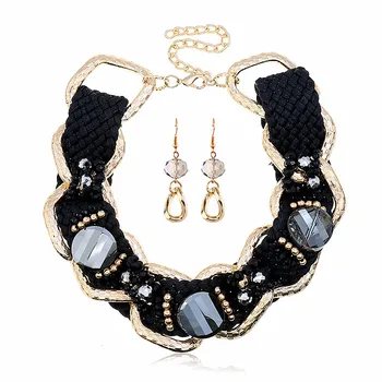 

African Jewelry Large Alloy Big Chain Black Crystal Fine Trendy Necklace Earrings Wedding Jewelry Set Charm Hipster Woman