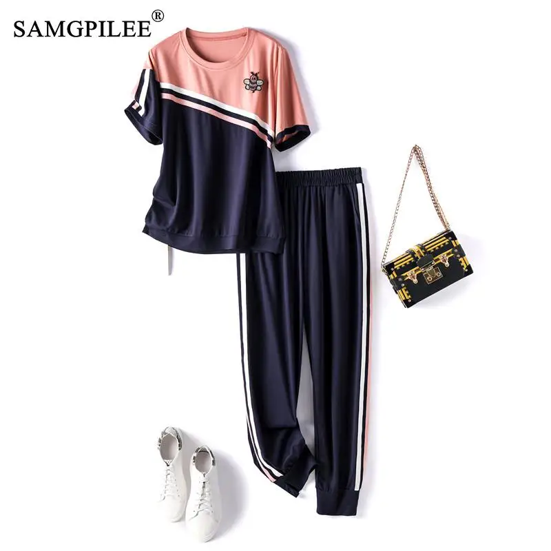 Summer Two Piece Sets For Women 2021 New Fashion Patchwork Casual Hit Color Beaded 2 Pcs Woman Sport Suits Plus Size 4XL