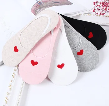 

Solid Color Invisible Socks Women with Red Heart Hallow Non-slip Silicone Woman Socks for Spring Summer Cotton Calcetines