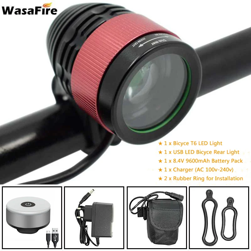 WasaFire XML-T6 светодиодный велосипед передний фонарь головной светильник 4 режима фокусировки бег Светильник Велоспорт вспышки света светильник+ Возможность зарядки при помощи разъема USB, Задние огни - Цвет: with grey taillight