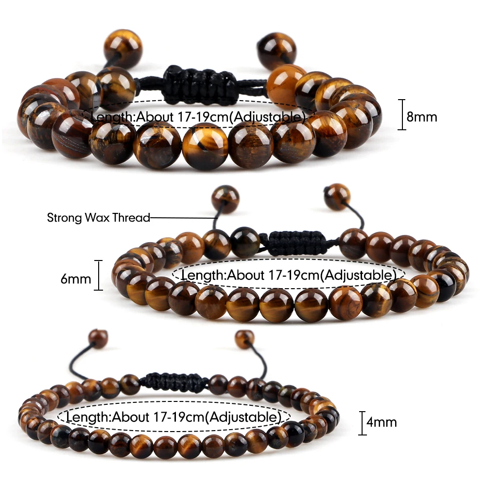Natural Stone Bracelet Tiger Eye 4 6 8mm Round Beads Braided