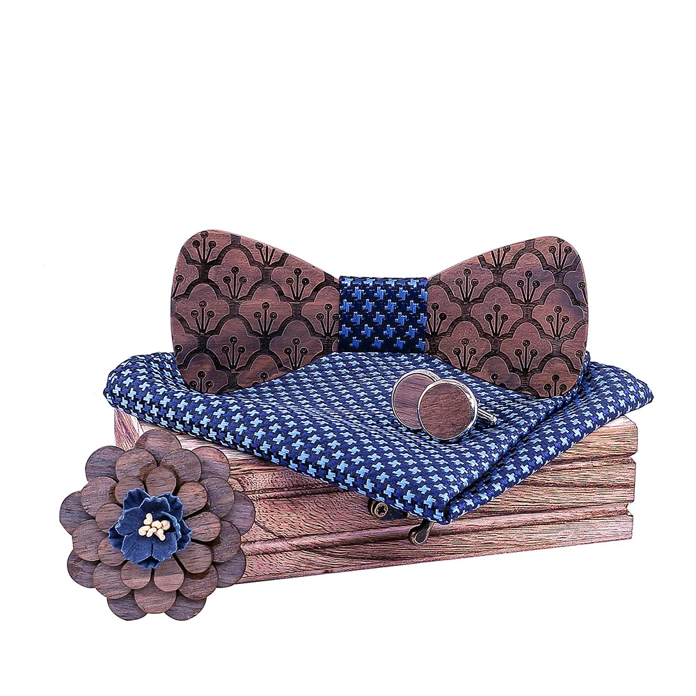 Wooden Bow Tie Men Set Square Scarf Cufflinks Brooch Party Stage Bow Tie Men's Accessories Logo Custom