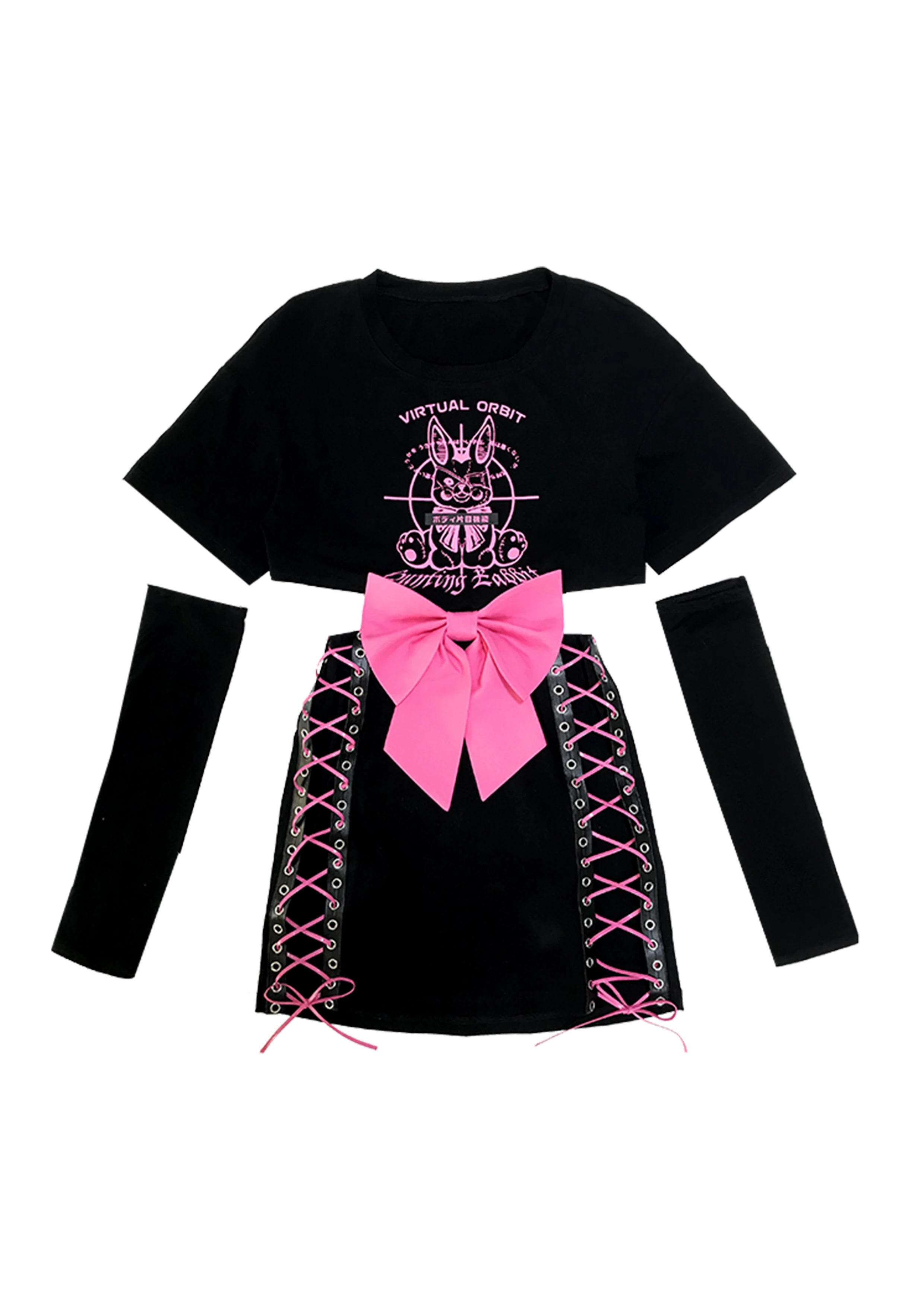 Japanese Harajuku Anime Print Lace-up Bow Tie Tshirt Waist
