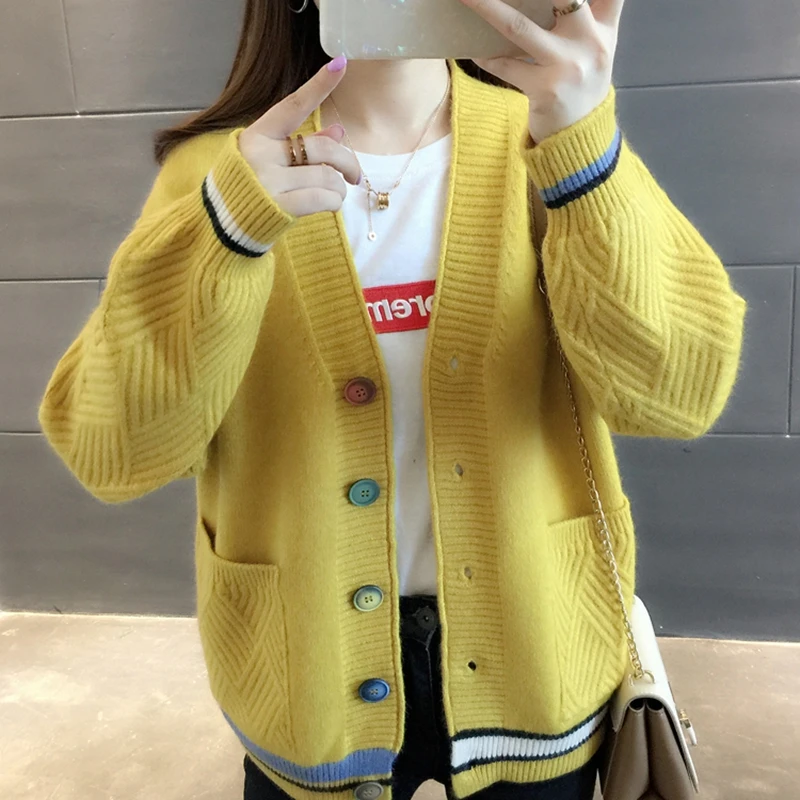 Autumn Winter Women Sweater Cardigans Oversize V neck Color Buttons Pocket Long Knit Girls Outwear Korean Chic Tops | Женская одежда