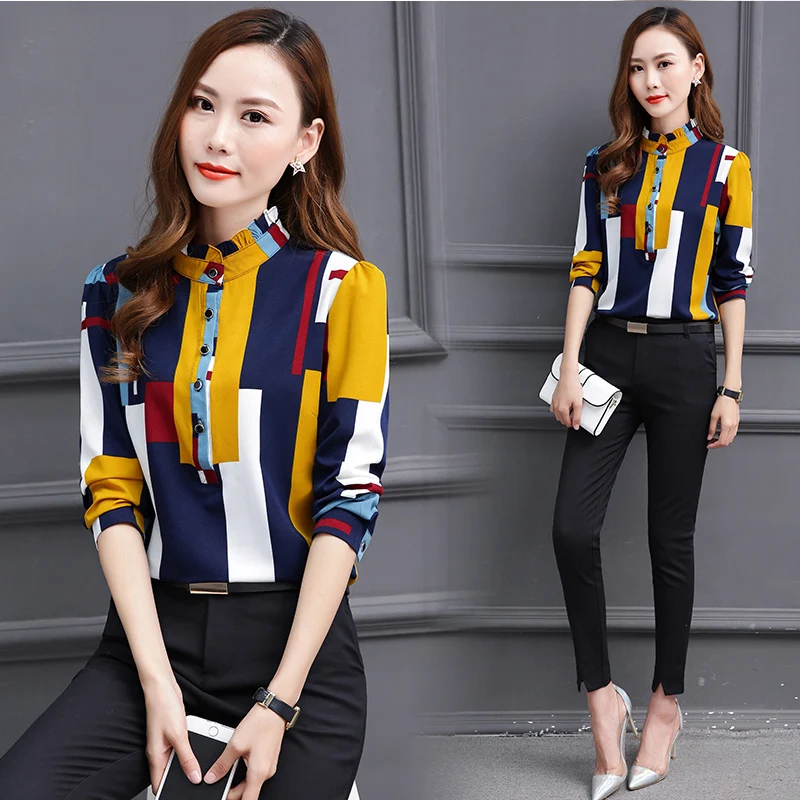 

Women Blouses 2020 Spring and Autumn Fashion Long Sleeve Turn Down Collar Office Leisure Blouse Shirt Casual Tops Plus Size F124