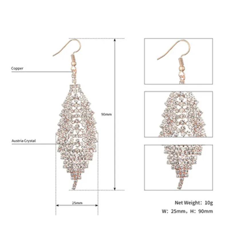 8 FIAZIA Simple Bridal Drop Earring Druzy Earrings Women Rhinestone Dangle Earring Jewelry Charms Leaf Bridal Wedding Accessories