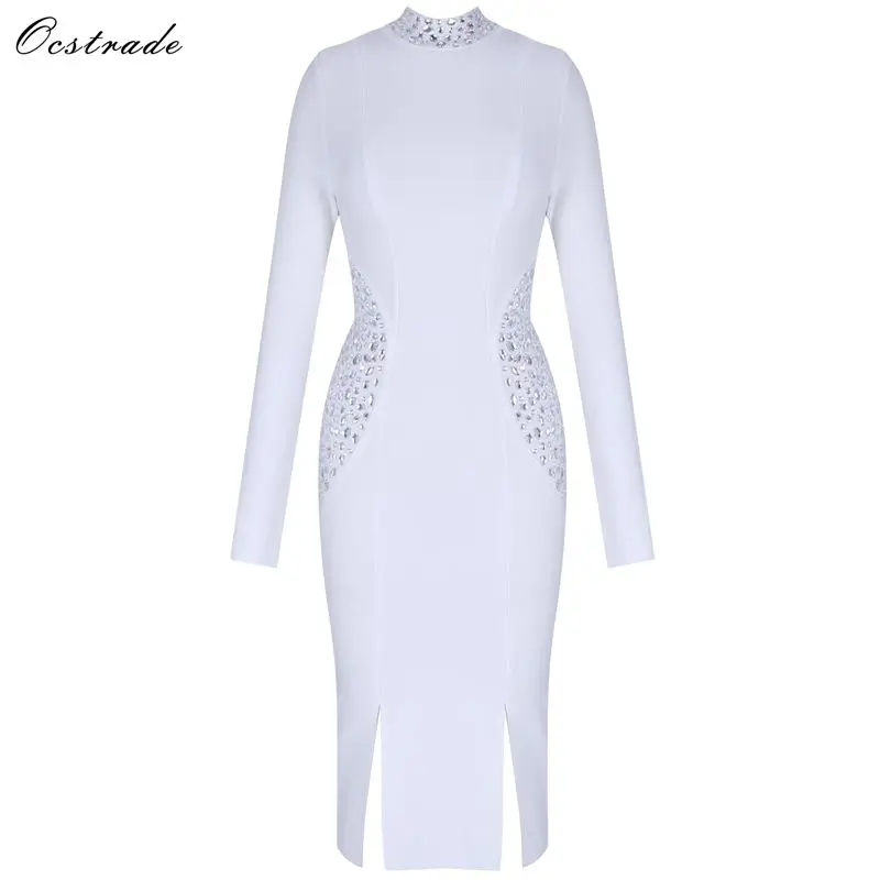 

White Bandage Dress 2019 Winter Bodycon Bandage Dresses New Fashion Beaded Sexy Long Sleeve Bandage Dress Rayon