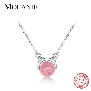 

Mocanie Hight Quality 925 Sterling Silver Pink Crystal Sweet Cute Cat Pendant Necklace for Women Fashion Animal Pendant Jewelry