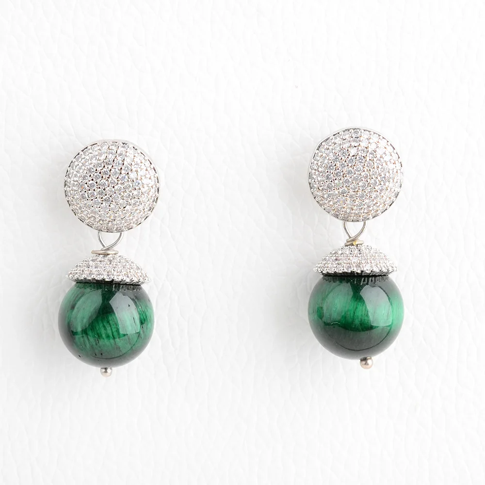 14mm Round Green Tiger Eye Cz pave Earrings