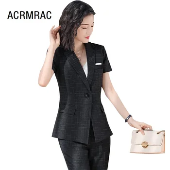 

women suits summer plaid Short sleeve blazers skirt 2 piece set OL Formal Work clothes women skirt suits woman set suits 3208