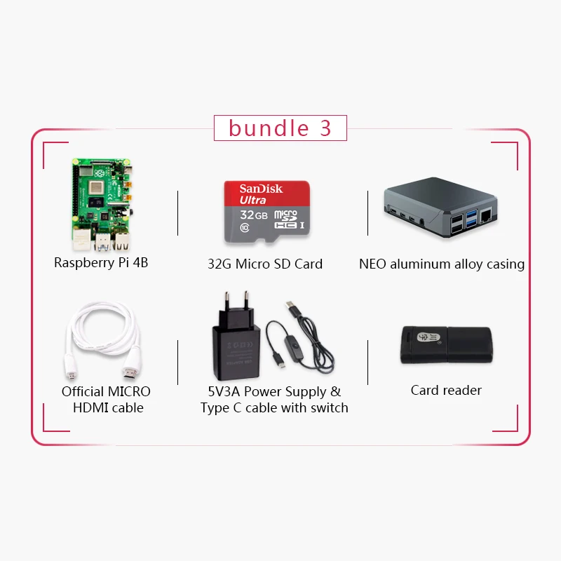  Original Raspberry Pi 4 Model B Kit Pi4 2G board Micro HDMI Cable Power Supply With Switch Case Wit