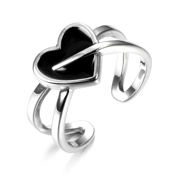 

Kinel Minimalism 100% 925 Sterling Silver Heart Rings for Women Adjustable Size Finger Black Enamel Ring Wedding Band Jewelry