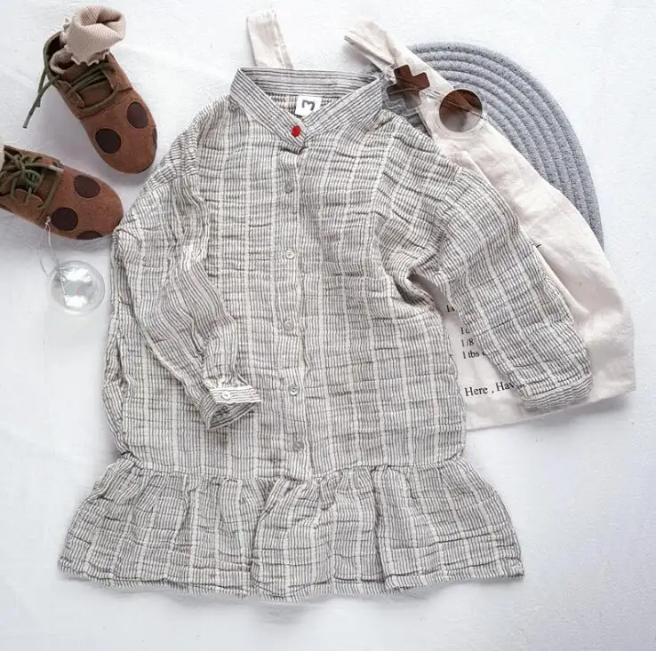 Г., платье в полоску в Корейском стиле для девочек модные осенние хлопковые льняные платья для девочек от 2 до 7 лет, HJ87