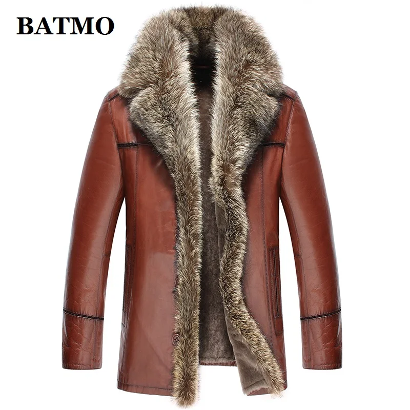 Бургундия BATMO new arrival winter natrual sheepskin leather jackets men,men's raccoon fur collar& wool liner coat men N4061 - Цвет: Бургундия