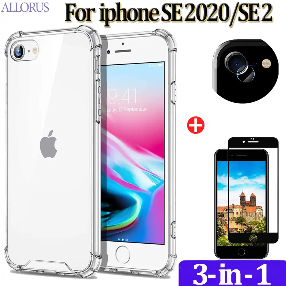 Silicone Shockproof Case For Iphone Se 12 Pro Apple Transparent Case Glass Camera Iphonese2 Soft Tpu Phone Accessories Case 360 Full Back Clear Protective Cover For Iphone Se 2 Iphone12 Mini 11 12pro