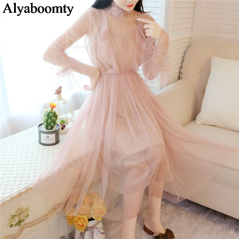 

Korean Chic Autumn Spring Women Midi Dress Apricot Pink Blue 2 Pcs Mesh Dress Elegant Floral Embroidery Beading Party Lady Dress