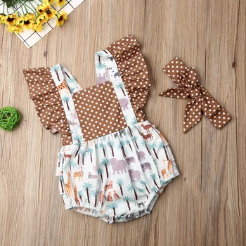 

US Kid Baby Girl Animal Print Sleeveless Ruffle Romper Bodysuit+Headband Clothes