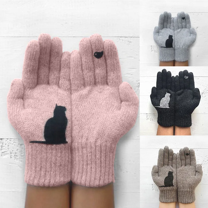 

2021 Women Lady Winter Warm Cute Animal Cat Printed Knitted Gloves Thermal Gloves Mittens Female Full Finger Gloves Gift
