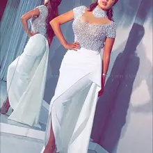 Белый жемчуг Арабский Кафтан Вечернее платье с коротким рукавом высокой горловиной Дубай Формальные платья длинное выпускное платье для дам плюс размер