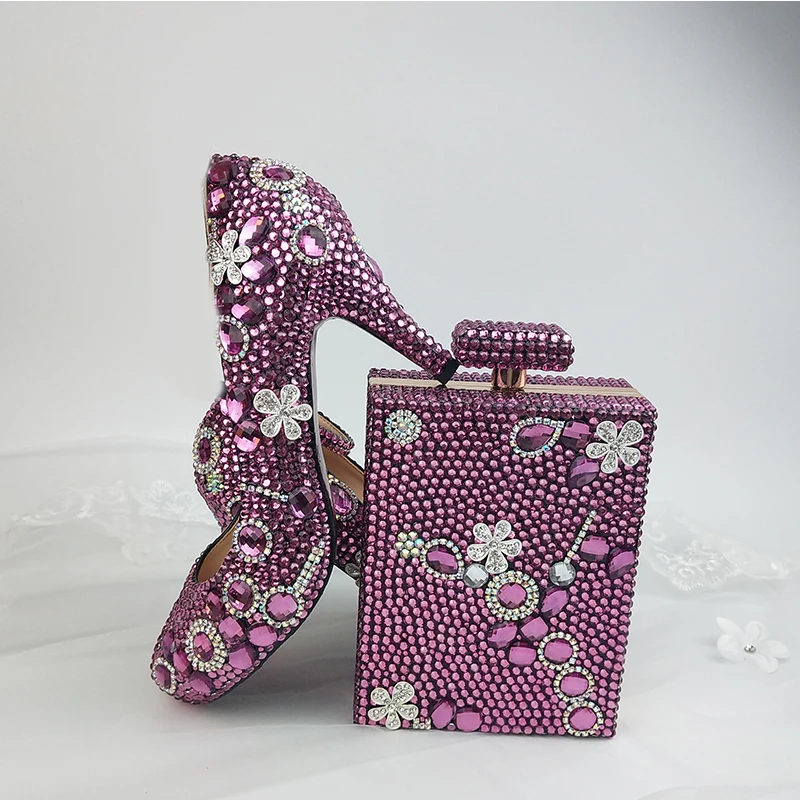 Женская свадебная обувь; обувь для невесты с фиолетовыми кристаллами; обувь для вечеринок с сумочкой в комплекте; модная обувь на платформе и высоком каблуке; вечерние туфли с круглым носком