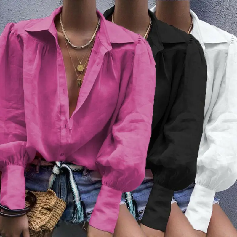 

White Long Lantern Sleeve Women's Shirt Blouse Autumn Office Lady Blouses For Women Tops 2019 Loose Solid Button Female Shirts