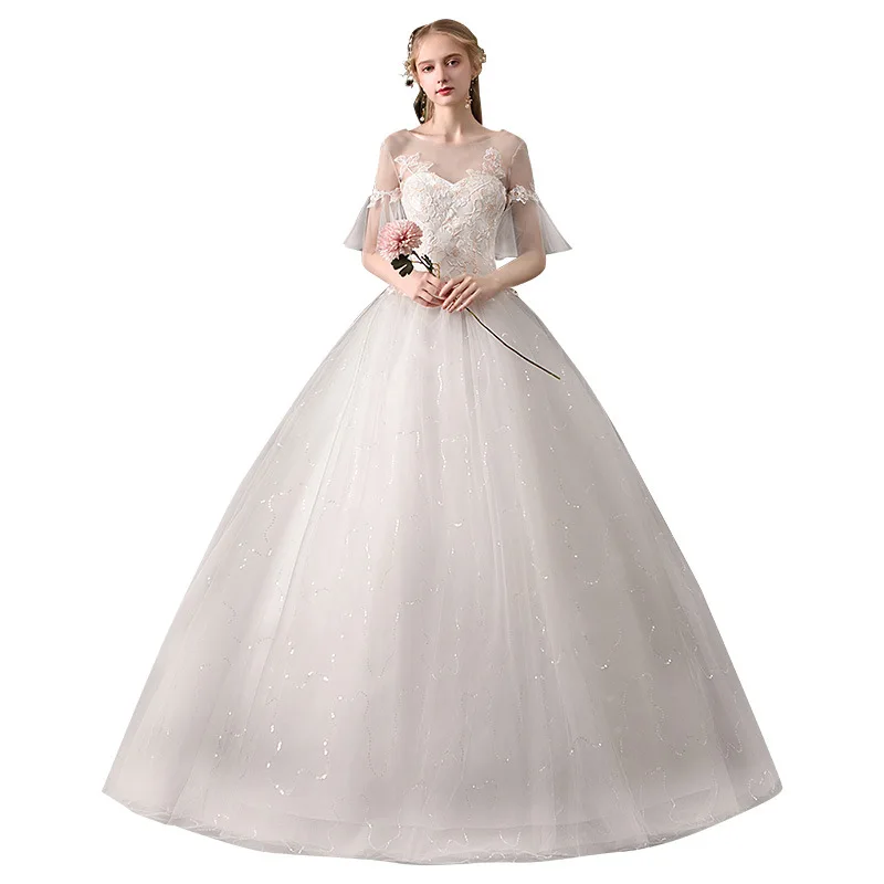 

2019 New Simple O Neck Half Sleeve Cheap Wedding Dress Noble Lace Embroidery Flower Floor Length Wedding Gown Vestido De Noiva