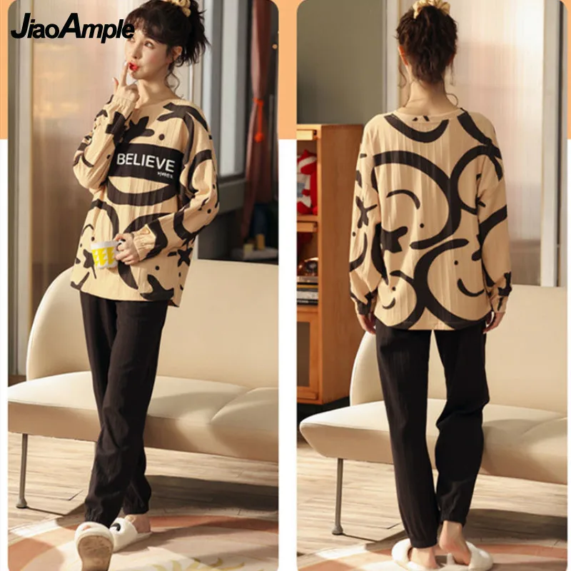 Pajamas Women Spring Autumn Cotton Long-sleeved Trousers Pijamas Two-piece Korean Cute Sleepwear Cartoon Homewear Nightie Set
