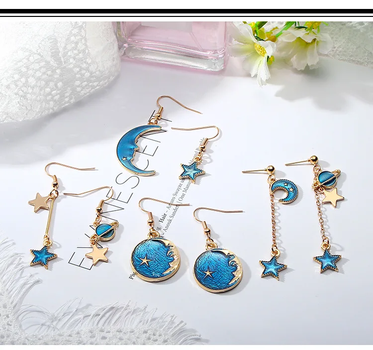 

2018 New Creative Blue Universe Asymmetric Earrings for Girl Ear Accessories Cute Moon Star Drop Pendientes Tassel Brincos