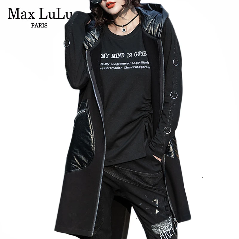 Max LuLu 2019 роскошный корейский бренд дамы с капюшоном уличная женская джинсовая жилетка черные джинсы одежда женские длинные пальто панк