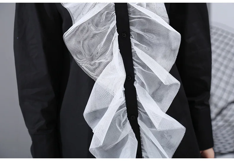 [EAM] женское черное Сетчатое асимметричное платье-рубашка с оборками, новинка, с отворотом, с длинным рукавом, свободный крой, модная одежда, весна-осень, 1N244