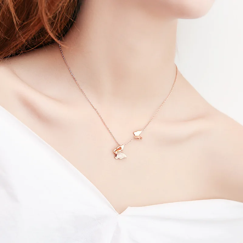 

18 K Rose Gold Butterfly Necklace Women's South Korea Simple Versatile Elegant Does Not Fade Titanium Steel Pendant Chain Clavic