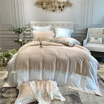 

Goddess-Feather Embroidered Summer Silky Bare Sleeping Sheet Quilt Cover 60 Tencel Simple Spell Edge Four-piece Bedding Set