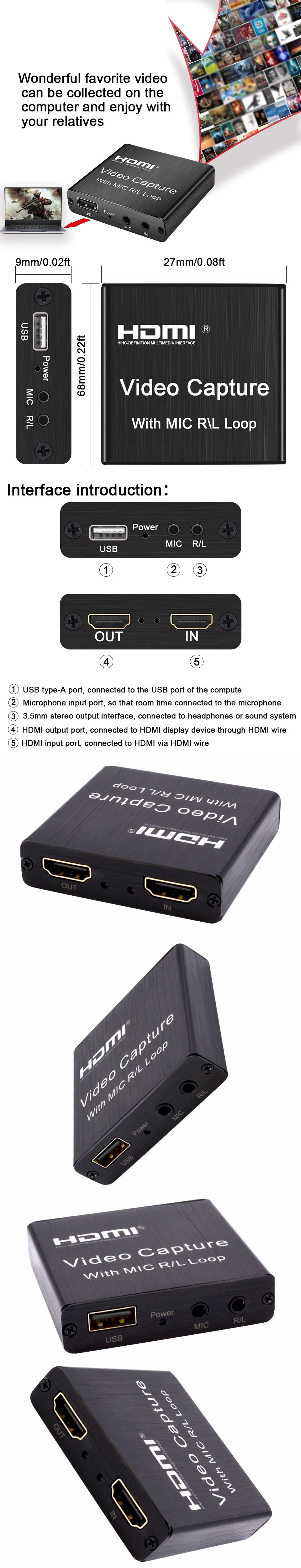 Description Picture 5 of item4K USB2.0 Video Capture Card USB 2.0 HDMI Video Grabber Record Box with Mic loop R/L for PS4 Game DVD Recording Live Streaming